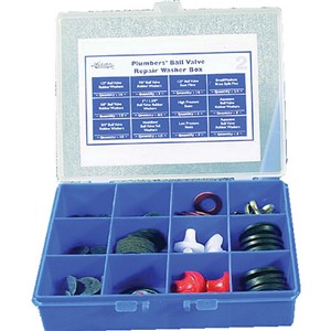 Plumbers&#39; Ball Valve Repair Washer Box. Pack Contains:

- 10 QTY - 1/2&quot; Ball Valve Rubber Washers

- 5 QTY - 7/8&quot; Ball valve Rubber Washers

- 10 QTY - 1/2&quot; Ball Valve Seat Fibre

- 2 QTY - Small Brass Split Pins

- 5 QTY - Medium Brass Split Pins

- 10 QTY - 5/8&quot; Ball Valve Rubber Washers

- 5 QTY - 1&quot; Ball Valve Rubber Washers

- 5 QTY - 1.1/4&quot; Ball Valve Rubber Washers

- 5 QTY - High Pressure Seats

- 5 QTY - Aquasave Ball Valve Rubber Washers

- 10 QTY - 3/4&quot; Ball Valve Rubber Washers

- 2 QTY - Ball Valve &#39;O&#39; Ring Washers

- 2 QTY - Ball Valve Tail Washers

- 5 QTY - Low Pressure Seats

- 5 QTY - Aquasave Ball Valve Rubber Washers