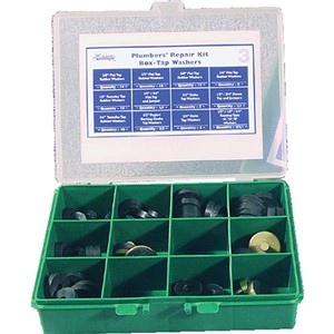 Plumbers&#39; Tap Washers Repair Kit Box. Pack Contains:

- 10 QTY - 3/8&quot; Flat Tap Rubber Washers

- 10 QTY - 1/2&quot; Flat Tap Rubber Washers

- 10 QTY - 5/8&quot; Flat Tap Rubber Washers

- 8 QTY - 3/4&quot; Flat Tap Rubber Washers

- 10 QTY - 1/2&quot; Tantofex Tap Rubber Washers

- 1 QTY - 1/2&quot; Flat Tap and Jumper

- 1 QTY - 3/4&quot; Flat Tap and Jumper

- 5 QTY - 1/2&quot; Delta Tap Washers

- 2 QTY - 1/2&quot; Dome Tap and Jumpers

- 1 QTY - 3/4&quot; Dome Tap and Jumpers

- 10 QTY - 3/4&quot; Tantofex Tap Rubber Washers

- 3 QTY - 1/2&quot; Pegler Tap Washers

- 2 QTY - 1/2&quot; Barking Grohe Tap Washers

- 5 QTY - 3/4&quot; Delta Tap Washers

- 2 QTY - 1/2&quot; Supatap Type &#39;A&#39; Washers

- 2 QTY - 1/2&quot; Supatap Type &#39;D&#39; Washers

- 1 QTY - 3/4&quot; Supatap Type &#39;B&#39; Washers