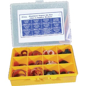 Plumbers&#39; Fibre and Rubber Washers Repair Kit Box. Pack Contains:

- 10 QTY - 1/2&quot; Ball valve Seat Fibre Washers

- 5 QTY - 3/4&quot; Ball Valve Seat Fibre Washers

- 10 QTY - 15mm Flexible Tap Connector Washers

- 10 QTY - 3/4&quot; Washing Machine Hose Rubber Washers

- 5 QTY - 1/2&quot; Top of Tap Body Fibre Washers

- 10 QTY - 15mm Fibre Tap Connector Washers

- 10 QTY - 22mm Flexible Tap Connector Washers

- 5 QTY - 1/2&quot; Shower Hose Rubber Washers

- 5 QTY - 3/4&quot; Top of Tap Body Fibre Washers

- 10 QTY - 22mm Fibre Tap Connector Washers

- 5 QTY - Bath Shower Diverter Washers

- 1 QTY - Washing machine Hose Filter Washer

- 5 QTY - Hot Water Bottle Washers

- 5 QTY - Rubber Washers

- 5 QTY - Fibre Washers

- 2 QTY - 3/4&quot; Draw-off Cock Washers